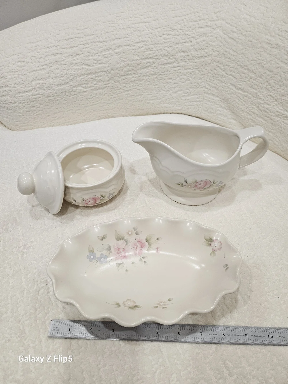 White Floral Ceramic Gravy Boat, Sugar Bowl & Serving Dish Set